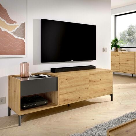 Mueble TV Ario, Aparador bajo para salón, Aparador para salón para  televisión, 138x35h45 cm, Blanco y Roble Nodi