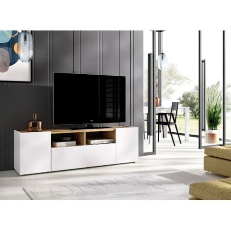 Dmora - Mueble TV Dcotal, Aparador bajo para salón, Aparador TV para salón, 142x35h44 cm, Blanco y Roble Nodi