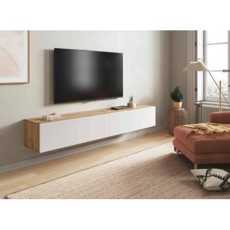 Dmora - Mueble TV Dmussi, Mueble TV con 2 puertas, Mueble de salón suspendido, 180x35h28 cm, Node roble y blanco brillo