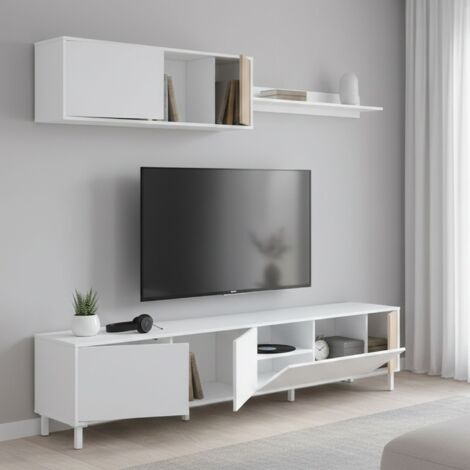 Dmora - Mueble TV Dolze, Mueble salón con puertas, Mueble colgante con balda, Aparador multiusos, 200x40h47 cm, Blanco y Roble
