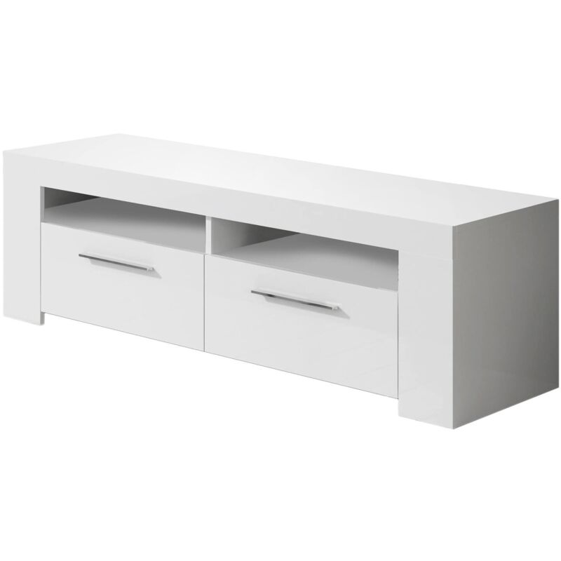 

Mueble de salón para TV con dos puertas y dos estantes pequeños abiertos, color blanco brillante, 120 x 40 x 42 cm - Dmora