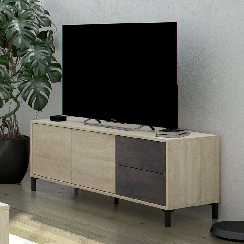 

Mueble TV para salón compuesto por un módulo de dos puertas y dos cajones, color roble y antracita, 130 x 47 x 41 cm - Dmora