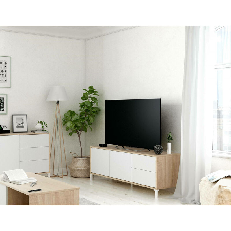 

Mueble TV para salón compuesto por un módulo con dos puertas y dos cajones, color Roble y Blanco, 130 x 47 x 41 cm - Dmora