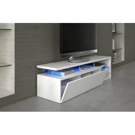 Dmora Mueble TV para salón con puerta abatible y baldas de cristal con luz led azul, color blanco, 150 x 43 x 41 cm., con embalaje reforzado