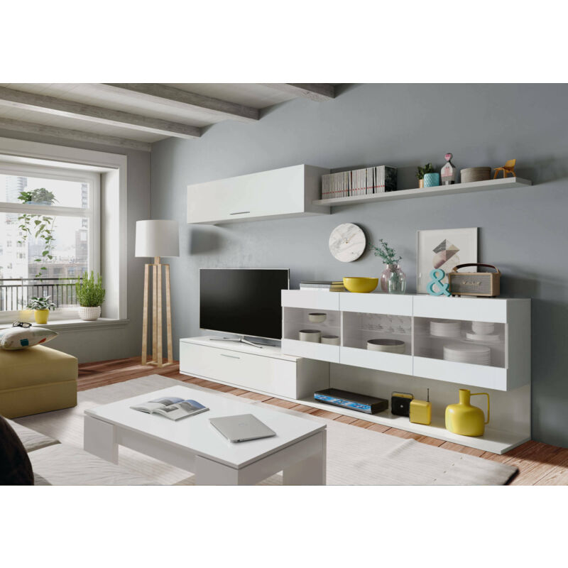 

Mueble para TV Living, con una puerta, con mueble, mueble alto y estantería, color blanco brillante, 84 x 260 x 41 cm - Dmora