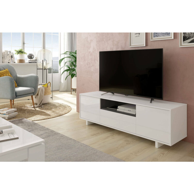 

Mueble TV para salón con tres puertas y balda central, color blanco brillo con balda gris ceniza, 150 x 46 x 41 cm. - Dmora