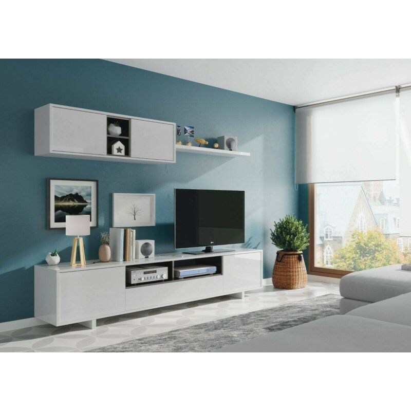 

Mueble de pared para sala de estar Dmora, mueble de TV moderno, con mueble de pared de 2 puertas y estante, cm 200x46h41, color blanco brillante