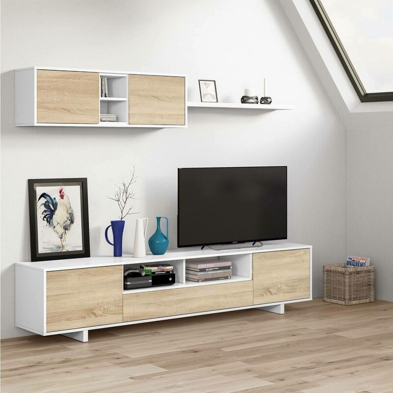 

Sistema de pared para sala de estar Dmora, mueble de TV moderno, con mueble de pared de 2 puertas y estante, 46x200h41 cm, color roble y blanco