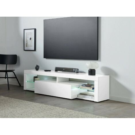 Dmora - Mueble TV Ugo, Aparador bajo de salón con 1 puerta, base para TV, 160x40h35 cm, Blanco brillo