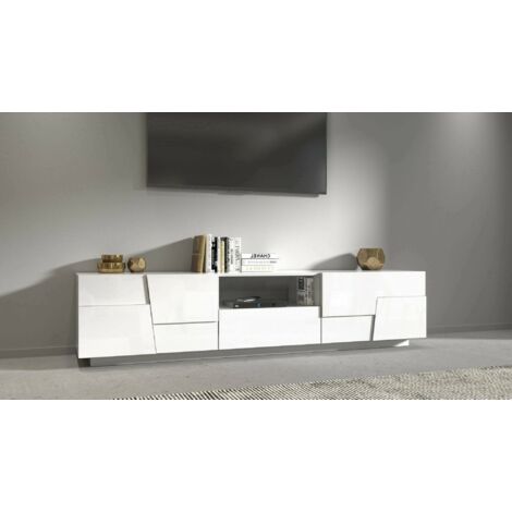 Dmora - Mueble TV Vanni, Aparador bajo de salón con 4 puertas y 1 cajón, base para mueble TV, 220x44h46 cm, Blanco brillo