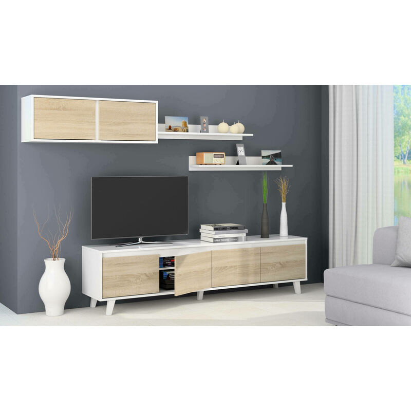 Mur équipé pour salon, meuble TV de salon avec étagères et élément mural, chêne et blanc brillant, Dimensions 200 x 41 x 50 cm - Dmora
