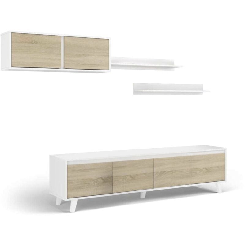 Paroi aménagée Orlando, Meuble télé pour le salon, Composition salon avec meuble haut et étagère, cm 200x50h41, Blanc et Chêne - Dmora