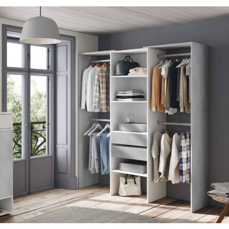 Dmora Offener Kleiderschrank, begehbarer Kleiderschrank ohne Türen, Struktur für Kleiderschrank mit 4 Regalen, Kleiderstange und 2 Schubladen, Cm 179x50h202, Farbe Zement und Weiß