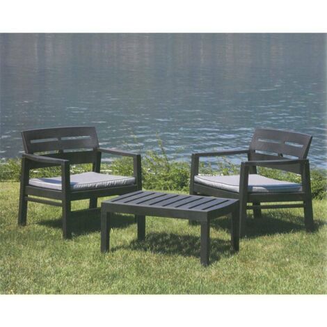 Dmora - Outdoor-Lounge-Set Dalfier, Gartengarnitur mit 2 Sesseln und 1 Couchtisch, Innen- und Außensitzgruppe mit Kissen, 100 % Made in Italy, Anthrazit