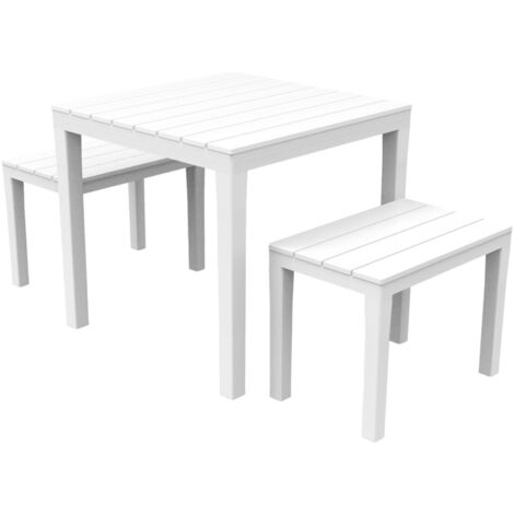 Dmora Outdoor-Lounge-Set Moncalieri, Gartenset mit 1 quadratischem Tisch und 2 Bänken, Picknickset für drinnen und draußen, 100 % Made in Italy, weiß