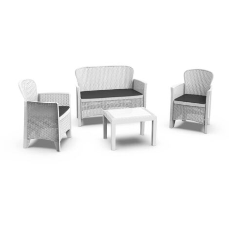 Dmora - Outdoor-Lounge-Set Ostuni, Gartengarnitur mit 2 Sesseln, 1 Sofa und 1 Couchtisch, Sitzecke in Rattan-Optik mit Kissen, 100 % Made in Italy, Weiß, mit verstärkter Verpackung