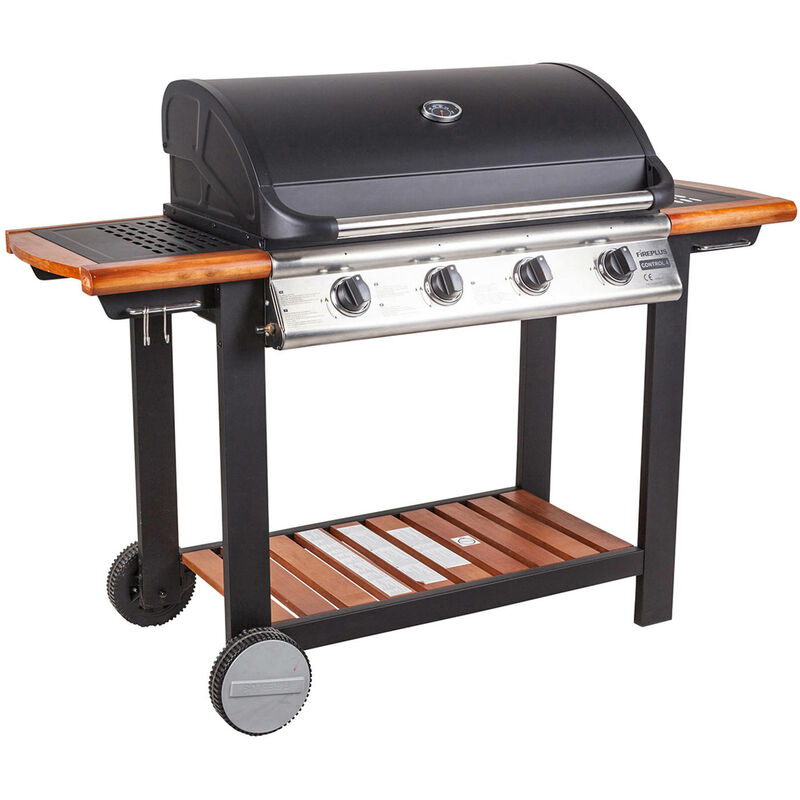 Dmora - Barbecue à gaz 4 feux, en métal et étagères en bois, cm144 x 56 x h106