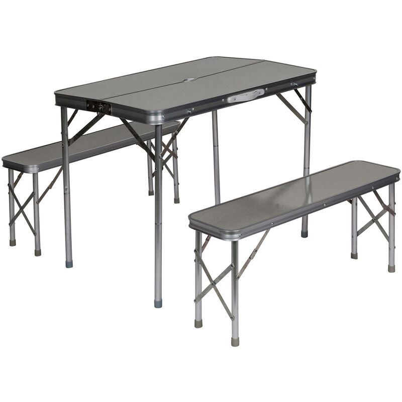 Dmora - Ensemble de camping et pique-nique refermable, structure en aluminium et plastique, coloris gris, la table mesure 60 x 71 x 90 cm, les bancs