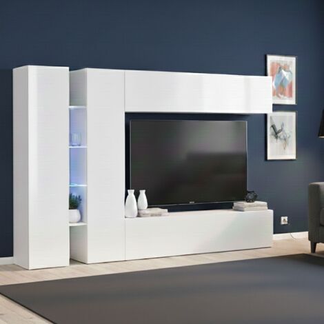 Dmora - Pared Equipada Dboudr, Conjunto de salón Mueble TV con 4 puertas, Mueble salón polivalente, 100% Made in Italy, cm 280x30x180, Blanco brillo