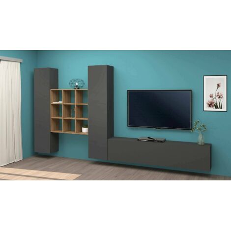 Dmora - Pared Equipada Dcarbon, Conjunto de salón Mueble TV con 3 puertas, Mueble de salón polivalente, 100% Made in Italy, cm 270x30h180, Antracita y Arce