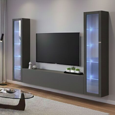 Dmora - Pared Equipada Dduc, Conjunto de salón Mueble de TV con 3 puertas, Mueble de salón polivalente con vitrina y luz LED, 100% Made in Italy, cm 260x30h180, Antracita