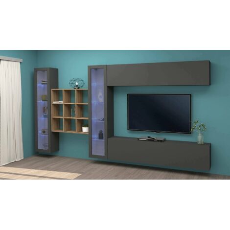 Dmora - Pared Equipada Dfancon, Conjunto de salón Mueble TV con 4 puertas, Mueble salón polivalente con vitrina y luz LED, 100% Made in Italy, cm 350x30h180, Antracita
