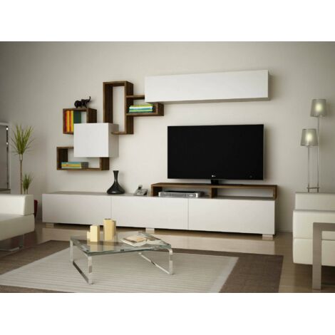 Dmora - Pared Equipada Dpiovan, Composición de la sala de estar, Muebles de salón multiusos, Gabinete de TV, 210x37h47 cm, Blanco y Nogal
