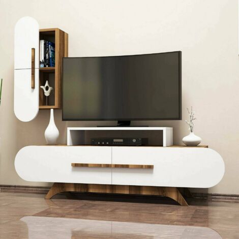 Dmora - Pared Equipada Segin, Composición de la sala de estar, Muebles de salón multiusos, Gabinete de TV, 145x37h50 cm, Nogal y Blanco, con embalaje reforzado