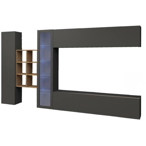 Dmora - Parete attrezzata Alessano, Set salotto porta TV a 4 ante, Mobile soggiorno multiuso con vetrina e luce LED, 100% Made in Italy, cm 280x30h180, Antracite e Acero