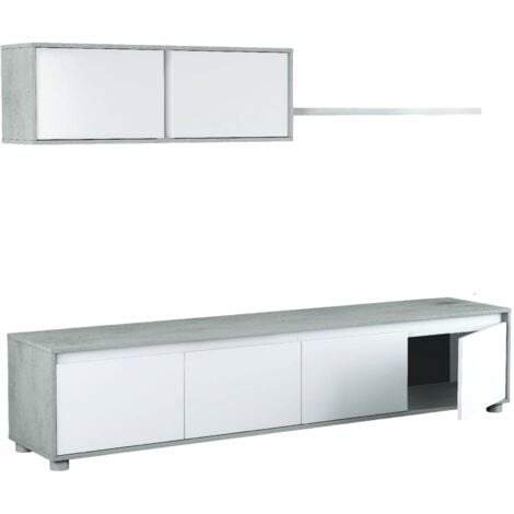 Dmora - Parete attrezzata Amir, Mobile da soggiorno porta TV, Composizione set salotto, Set salotto con pensile, 200x41h43 cm, Bianco e Cemento