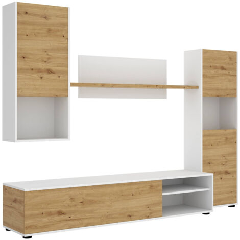 Dmora - Parete attrezzata Artex, Set da soggiorno porta TV, Mobile salotto multiuso, 220x41h180 cm, Rovere Nodi e Bianco