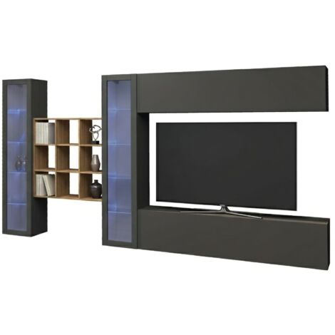 Dmora - Parete attrezzata Avella, Set salotto porta TV a 4 ante, Mobile soggiorno multiuso con vetrina e luce LED, 100% Made in Italy, cm 350x30h180, Antracite