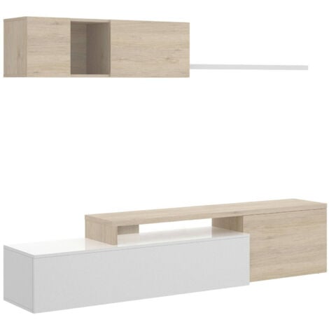 Dmora - Parete attrezzata Axayazala, Set da soggiorno modulare ad angolo, Mobile salotto porta TV multiposizione, 201x41h180 cm, Bianco lucido e Rovere