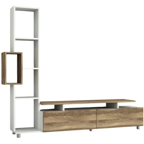 Dmora - Parete attrezzata Biskek, Composizione soggiorno, Mobile salotto multiuso, Armadio porta TV, 160x30 h167 cm, Bianco e Noce