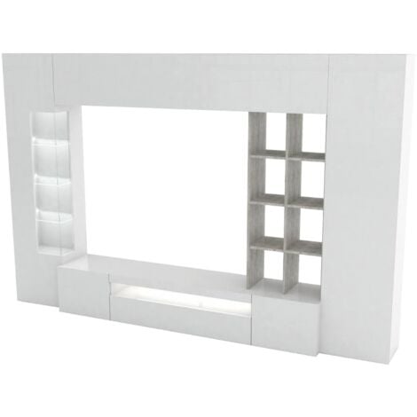 Dmora Parete attrezzata da soggiorno, Made in Italy, Base porta TV e pensili e scaffali, Set salotto moderno, cm 290x40h192, colore Bianco lucido e Cemento, con imballo rinforzato