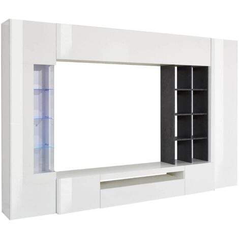Dmora Parete attrezzata da soggiorno, Made in Italy, con luce LED blu, Base porta TV e pensili e scaffali, cm 290x40h192, colore Bianco lucido e Grigio Cenere, con imballo rinforzato
