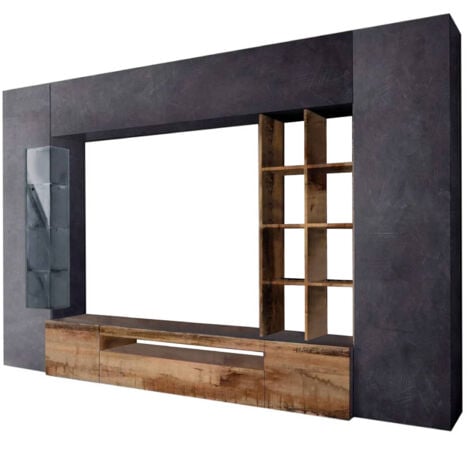 Dmora Parete attrezzata da soggiorno, Made in Italy, con luce LED blu, Base porta TV e pensili e scaffali, Set salotto moderno, cm 290x40h192, colore Ardesia e Acero, con imballo rinforzato