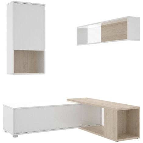 Dmora - Parete attrezzata Denali, Set da soggiorno modulare ad angolo, Mobile salotto multiposizione, 230x41h180 cm, Bianco e Rovere, con imballo rinforzato