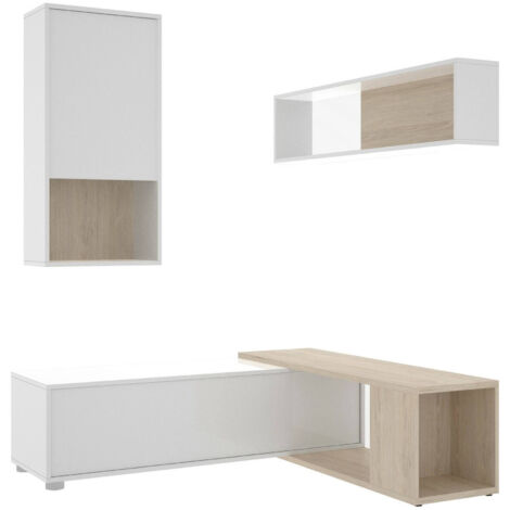 Dmora - Parete attrezzata Fortuna, Set da soggiorno modulare ad angolo, Mobile salotto multiposizione, 230x41h180 cm, Bianco lucido e Rovere