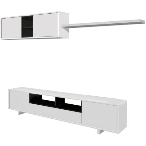 Dmora Parete attrezzata Hartford, Mobile da soggiorno porta TV, Composizione set salotto, Set salotto con pensile, cm 260x41h46, Bianco lucido, con imballo rinforzato