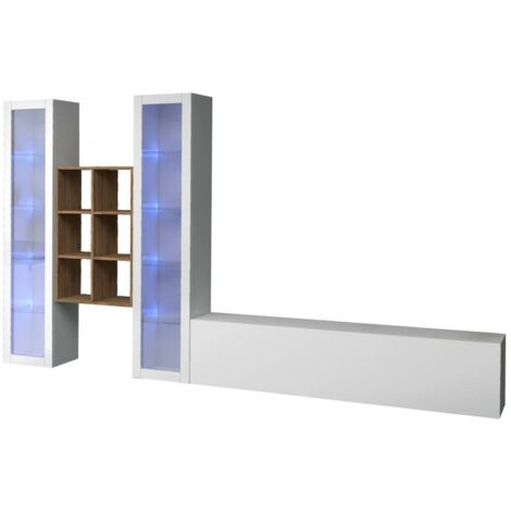 Dmora - Parete attrezzata Lome, Set salotto porta TV a 3 ante, Mobile soggiorno multiuso con vetrina e luce LED, 100% Made in Italy, cm 320x30h180, Bianco lucido