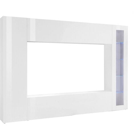 Dmora - Parete attrezzata Luigi, Set salotto porta TV a 4 ante, Mobile soggiorno multiuso, 100% Made in Italy, cm 260x30h180, Bianco lucido, con luce LED blu ed una vetrina, con imballo rinforzato