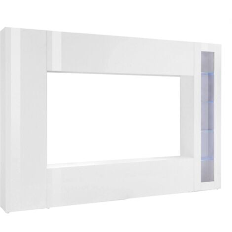 Dmora - Parete attrezzata Luigi, Set salotto porta TV a 4 ante, Mobile soggiorno multiuso, 100% Made in Italy, cm 260x30h180, Bianco lucido, con luce LED blu ed una vetrina, con imballo rinforzato