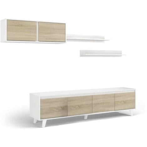 Dmora Parete attrezzata Orlando, Mobile da soggiorno porta TV, Composizione per salotto con pensile e mensola, cm 200x50h41, Bianco e Rovere, con imballo rinforzato