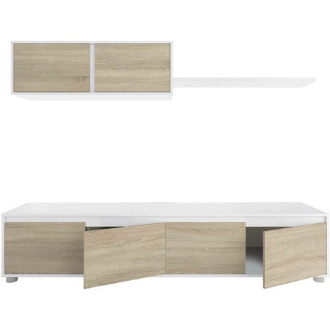 Dmora Parete attrezzata Savannah, Mobile da soggiorno porta TV, Composizione set salotto, Set salotto con pensile, cm 200x41h43, Bianco e Rovere, con imballo rinforzato