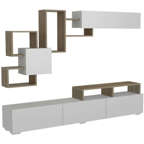 Dmora - Parete attrezzata Thalassa, Composizione soggiorno, Mobile salotto multiuso, Armadio porta TV, 210x37h47 cm, Bianco e Noce, con imballo rinforzato, con imballo rinforzato