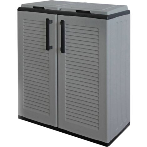 Dmora - Pattumiera Alfred, Cestino portarifiuti, Bidone per raccolta differenziata 2 ante, 100% Made in Italy, 68x37h84 cm, Grigio e Nero, Finitura righe