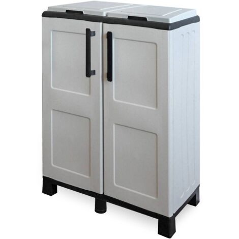 Dmora - Pattumiera Alistar, Cestino portarifiuti, Bidone per raccolta differenziata, 100% Made in Italy, 68x37h90 cm, Grigio chiaro e Nero, Finitura quadri