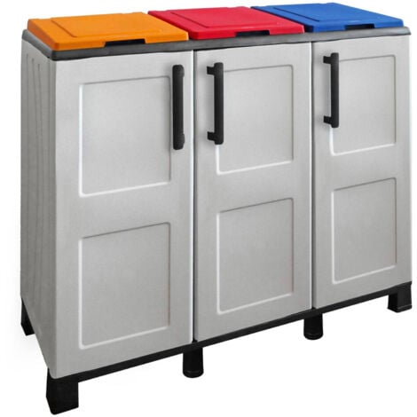 Dmora - Pattumiera Anthea, Cestino portarifiuti, Bidone per raccolta differenziata, 100% Made in Italy, 3 ante, 102x37h90 cm, Grigio chiaro e Multicolore