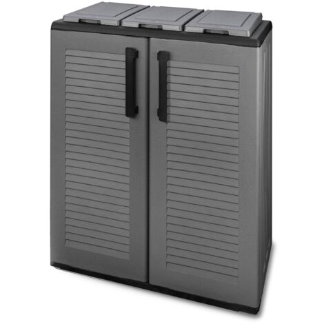 Dmora - Pattumiera Artan, Cestino portarifiuti, Bidone per raccolta differenziata 2 ante, 100% Made in Italy, 68x37h84 cm, Grigio e Nero, Finitura righe